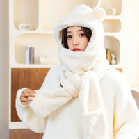 Winter Cute Bear Hat Scarf Gloves Set Plush Thickened Warm Ear Protection Hooded Beanie Shawl Mittens Cozy Daily Accessory