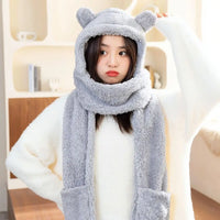Winter Cute Bear Hat Scarf Gloves Set Plush Thickened Warm Ear Protection Hooded Beanie Shawl Mittens Cozy Daily Accessory