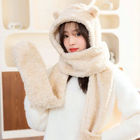 Winter Cute Bear Hat Scarf Gloves Set Plush Thickened Warm Ear Protection Hooded Beanie Shawl Mittens Cozy Daily Accessory